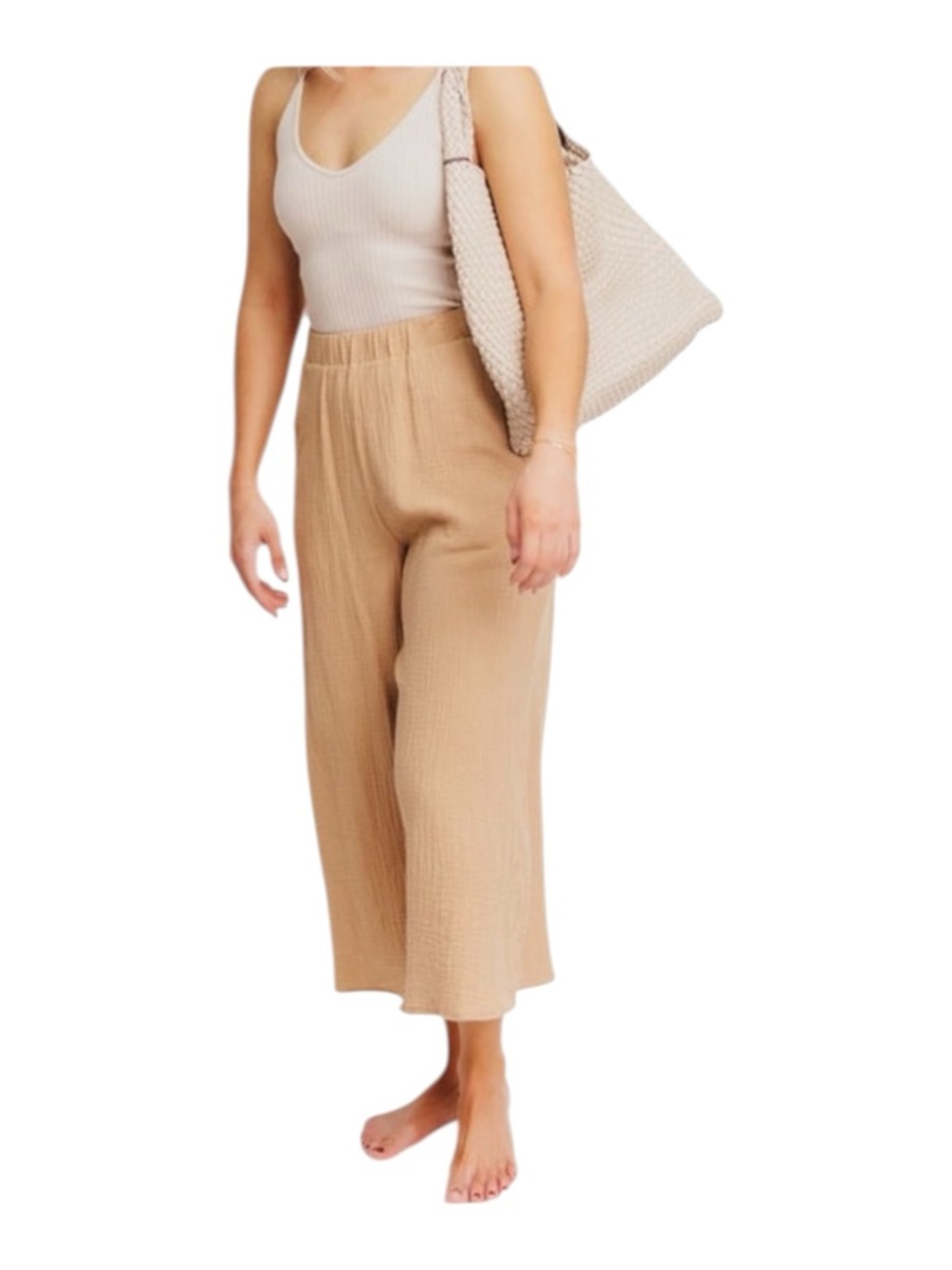 Things Between Pants Lightweight Flowy Gauze Cropped Tan-L